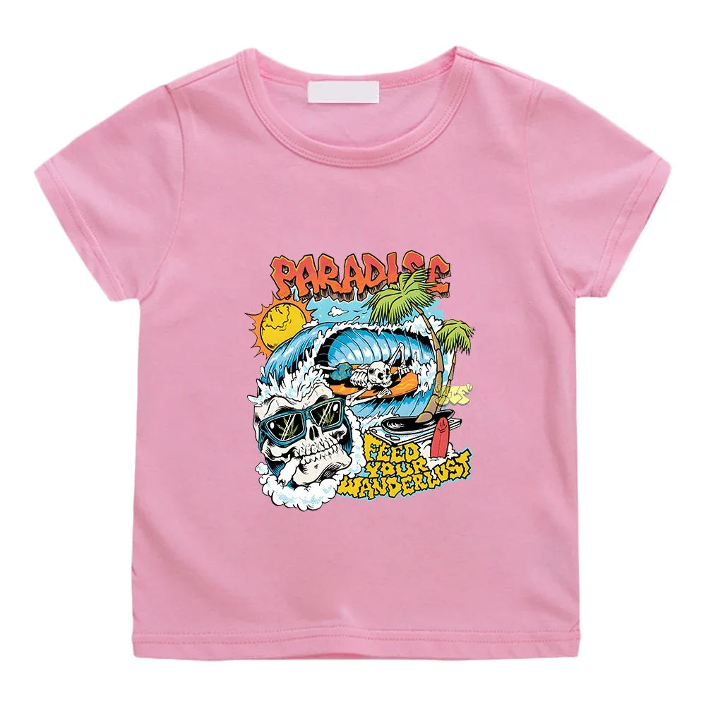 Paradise Skeleton Summer Tee-shirt 100% Cotton Short Sleeve Casual Tshirt Kawaii Cartoon Graphic Printing T-shirt Boys and Girls