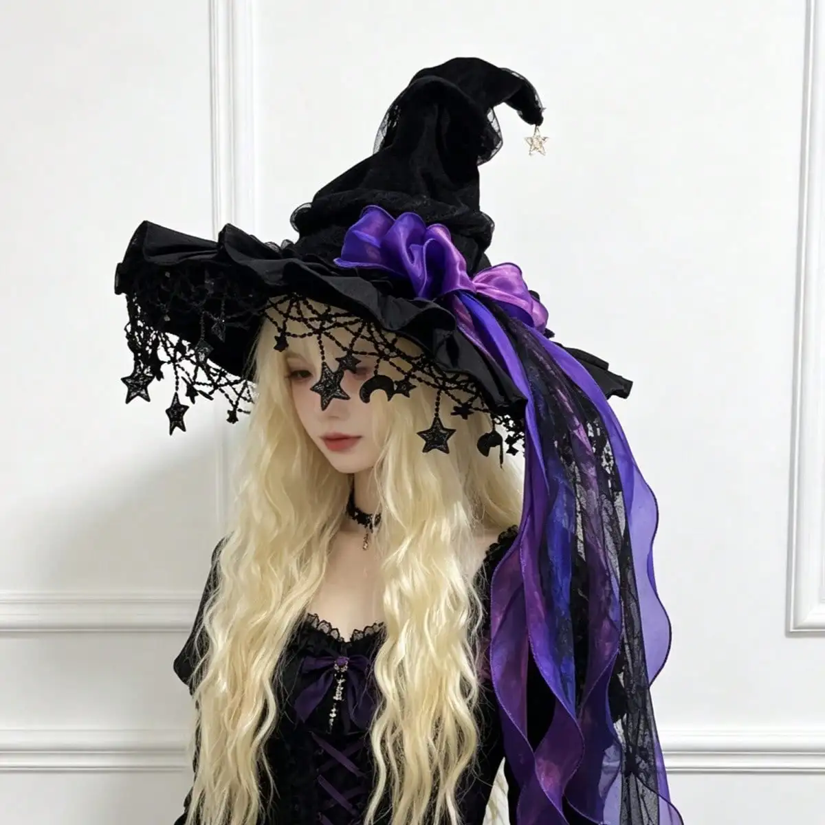 1pc Handmade Halloween Witch Wide Brim Pointed Hat, Dark Black Purple Red Gothic Lolita Style For Women, Party/Party Decoration, Outdoor/Indoor Use