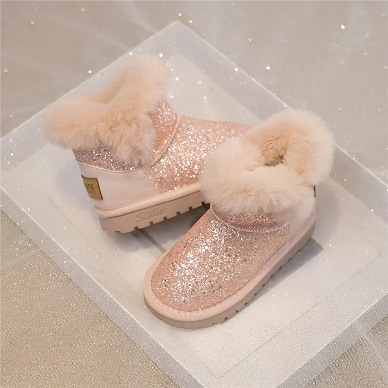 Toddlers/Little Girl\'s real fur snow boots Glitter Warm Winter ankle boot with Cotton Lining and Cute Bow