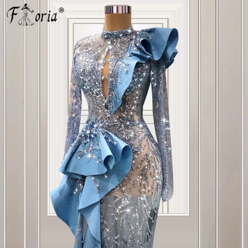 Robe de Soirée de Forme Sirène Bleue à Paillettes pour Femme, Tenue de Bal de Luxe à Manches sulfet Perles