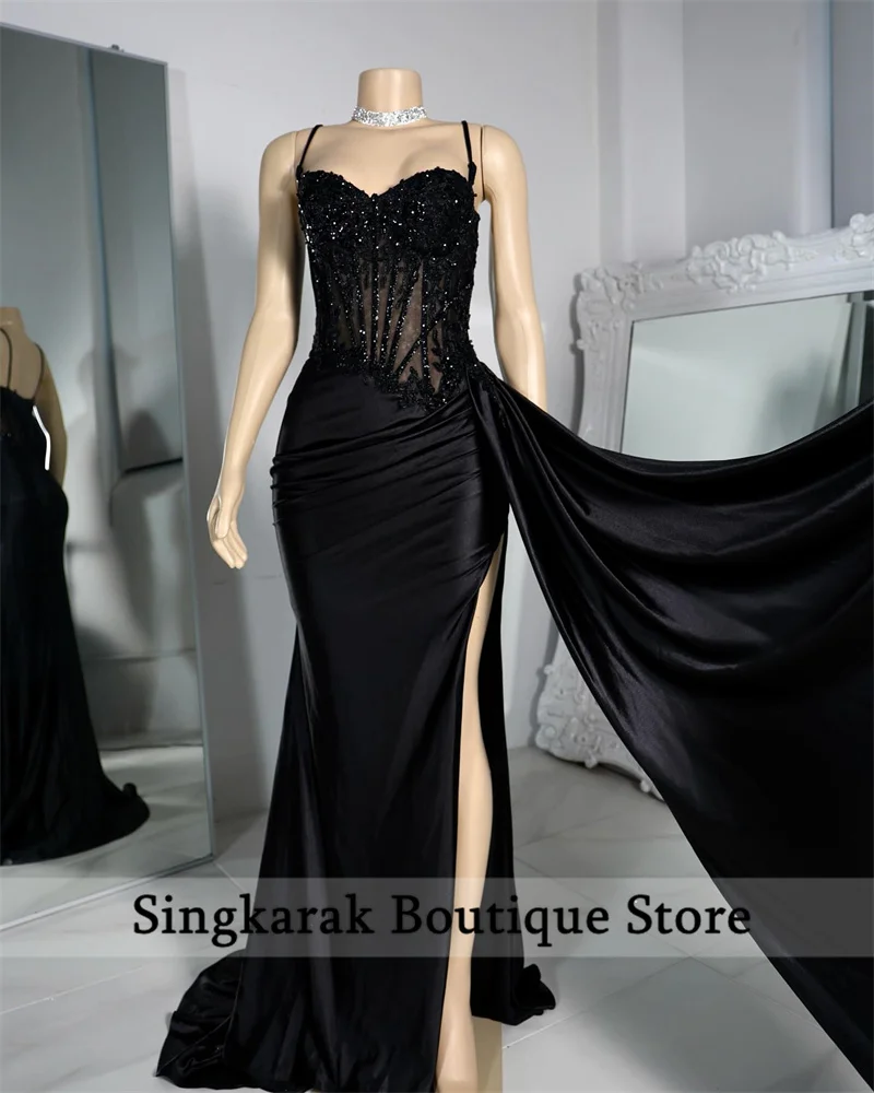 Luxury Black Mermaid Prom Dresses Strap Side Slit Lace Appliques Beads Evening Gowns Gala Party Wedding Reception Bridemaid