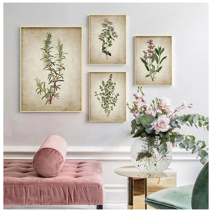 Vintage Herb Art Canvas Poster And Prints , Oregano Rosemary Sage Thyme Canvas Painting Retro Wall Pictures Home Art Wall Decor