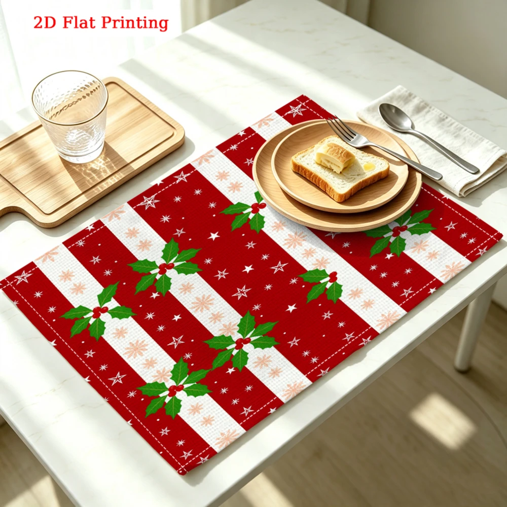 Red White Stripes Holly Stars Kitchen Placemat Coaster Linen Pad Dish Coffee Cup Table Mat 30x40cm Home Decor