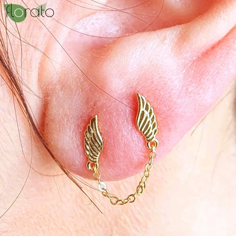 

2024 New Double Ear Studs Tassel Chains Hanging Earrings for Women Gold Color Angel Wings Earrings Fashion Piercing Jewelry Gift