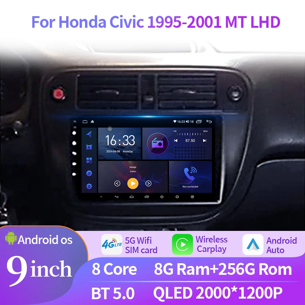 For Honda Civic 1995-2001 MT Left Handle Drive Car Radio Android Multimedia Navigation Wireless CarPlay GPS Touch Screen Stereo