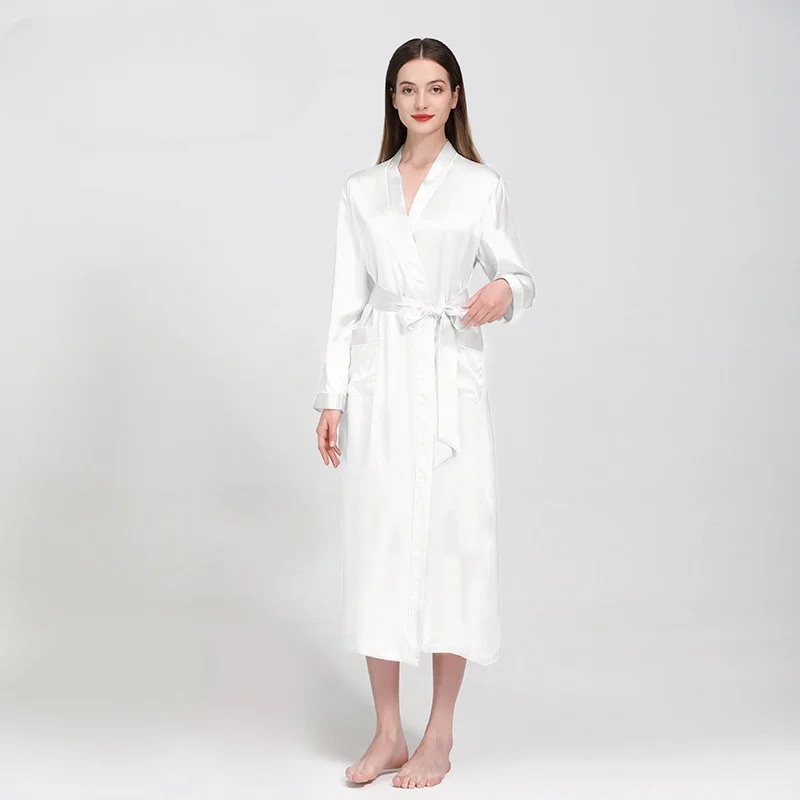 19Momme 100% Mulberry Silk Bridal Robe Soft Night Gown Belt Long Sleeve Luxury Dressing Gown Wedding Bathrobes Pure Silk Robe