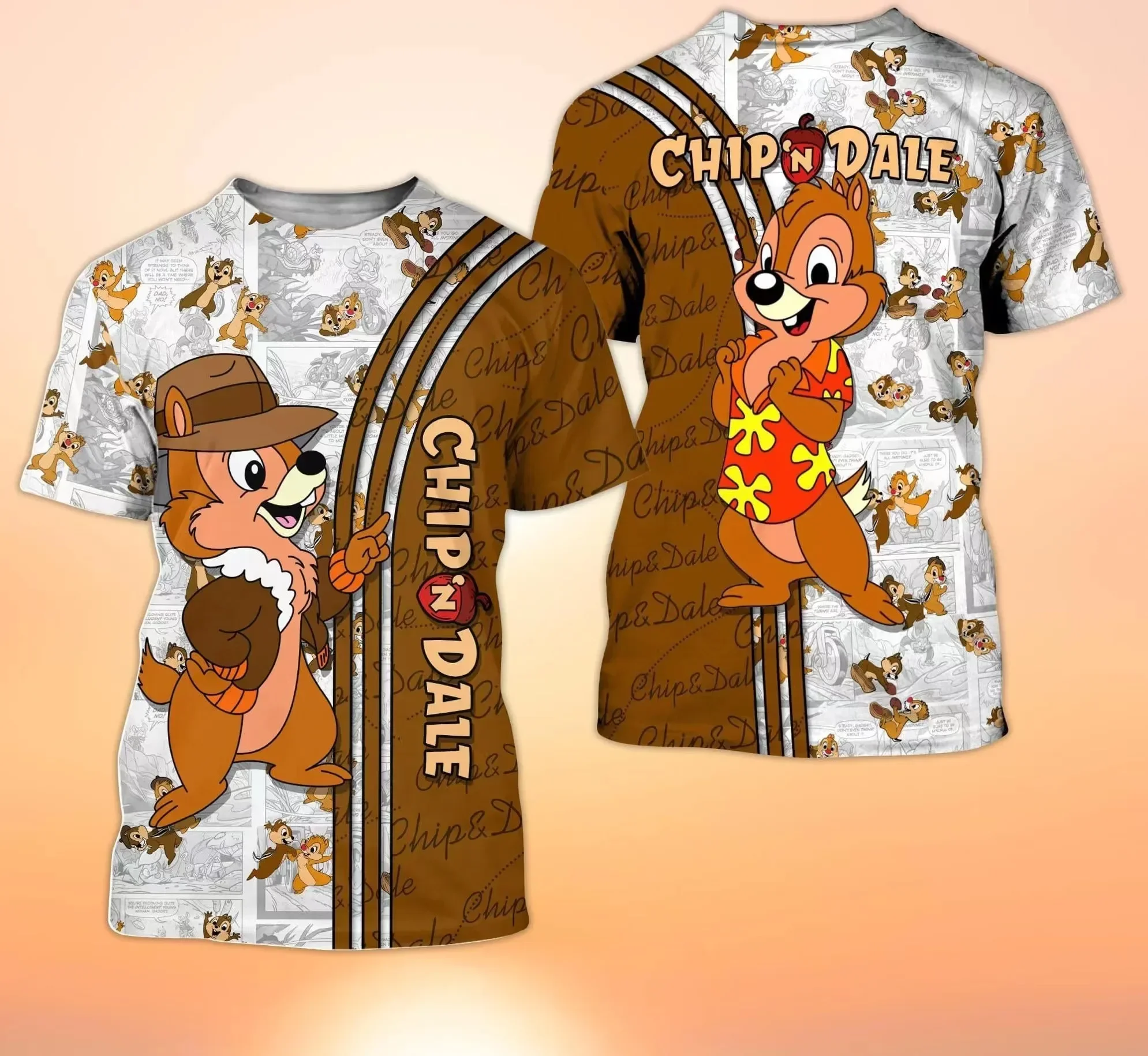 Disney Animation Movie Chipmunks Chip Dale Brown T-shirt Men's Women's Casual Short Sleeve Tops Cute Cartoon 3D T-shirt