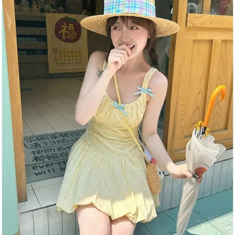 Women Summer Long Dress Lady Yellow Slim Fit  Polka Dot Bubble Hem  Dress Female Sweet Cute Vacation Slip Dress