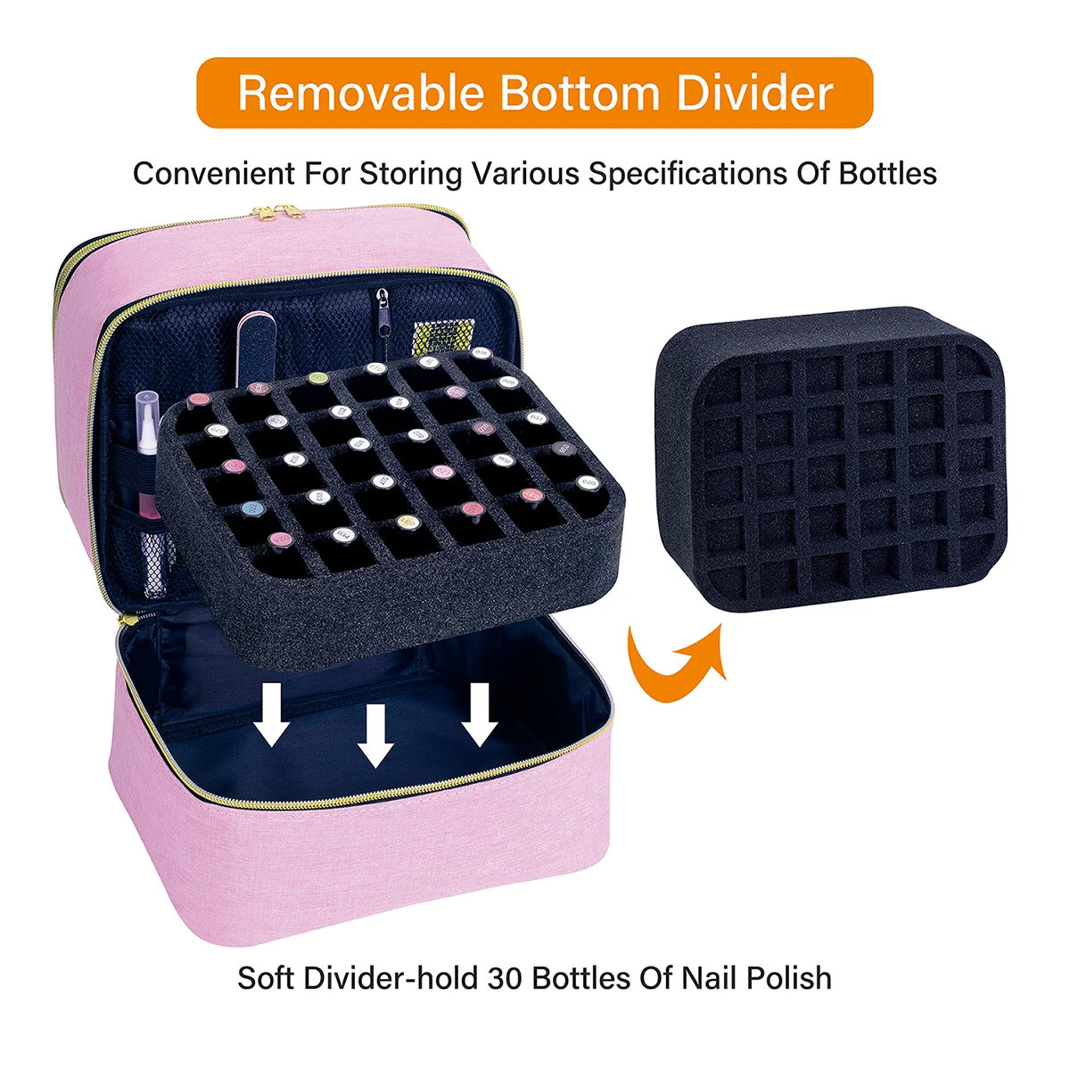 30-slot foam padded removable bottom divider holds 30 bottom 15 ml (0.5 oz) bottles of nail polish or essential oil storage tool