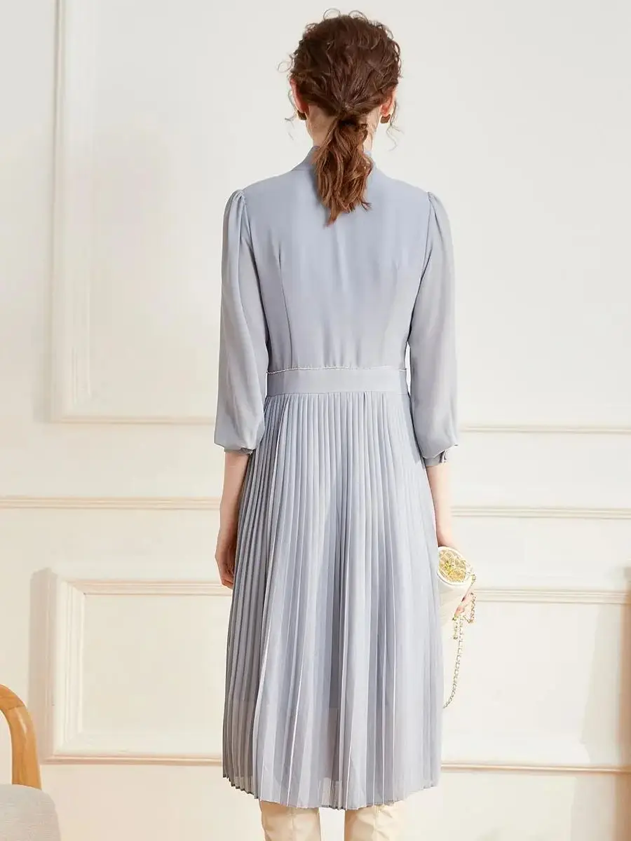 LOUIS YAO Women Dress 2024 Spring / Summer Dress Elegant Ribbon Pleated Long Dress Casual Long Sleeve V-Neck Knee-length Dress