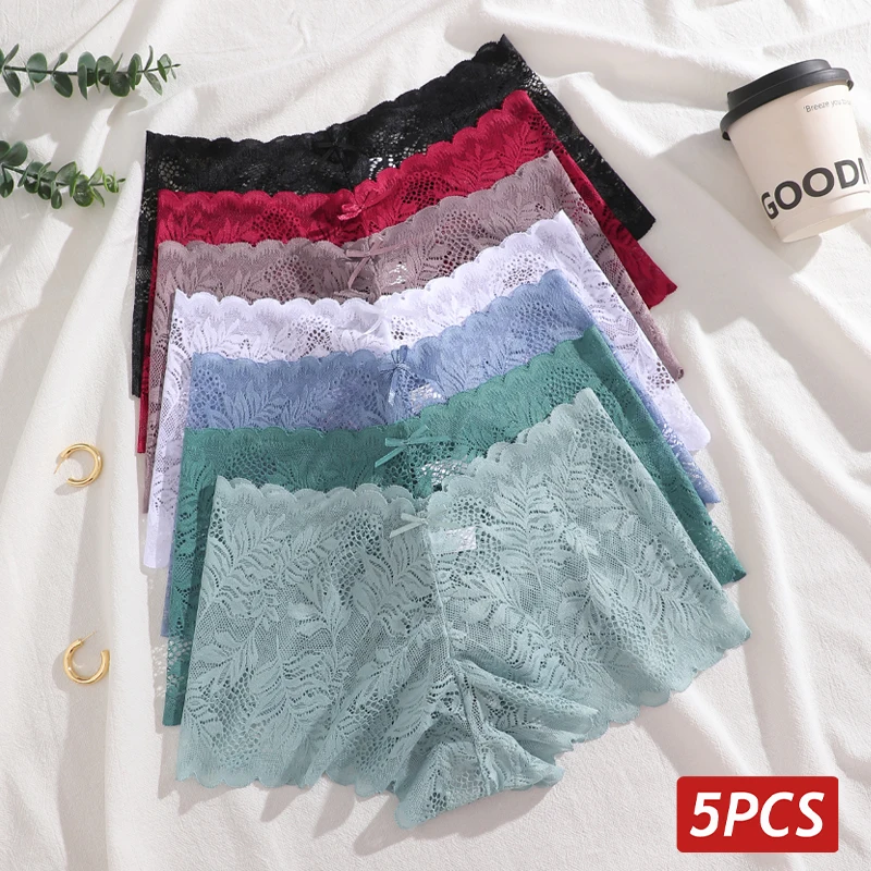 FINETOO 5er-Set Sexy Spitzen-Atmungsaktive Höschen für Damen, einfarbige, durchsichtige Boxershorts, kurze Damen-Boyshorts