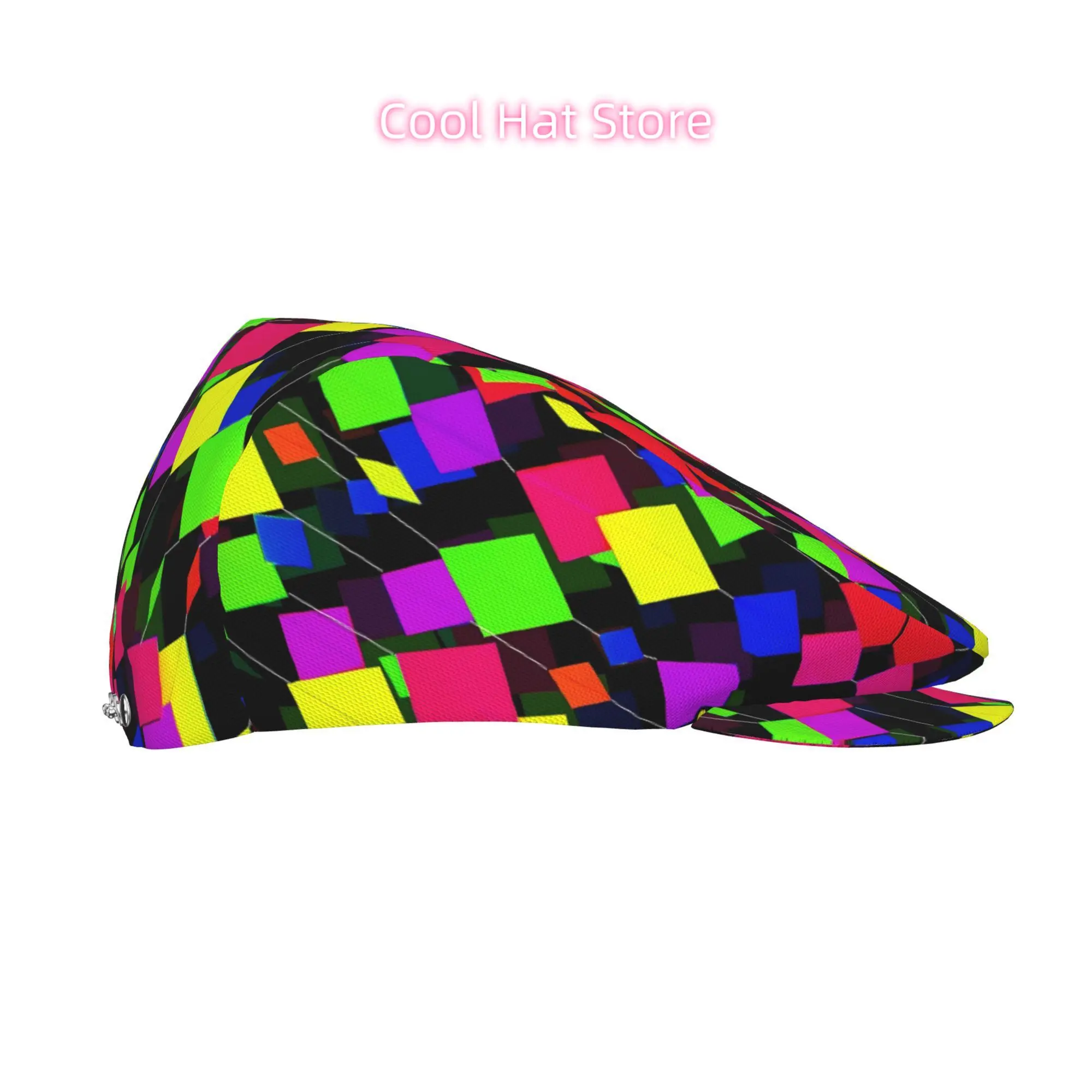 1pc Men's & Women's Retro 80s Neon Multicolor Block-Patterned Beret Cap - Adjustable Snapback Closure, Lightweight Polyester All