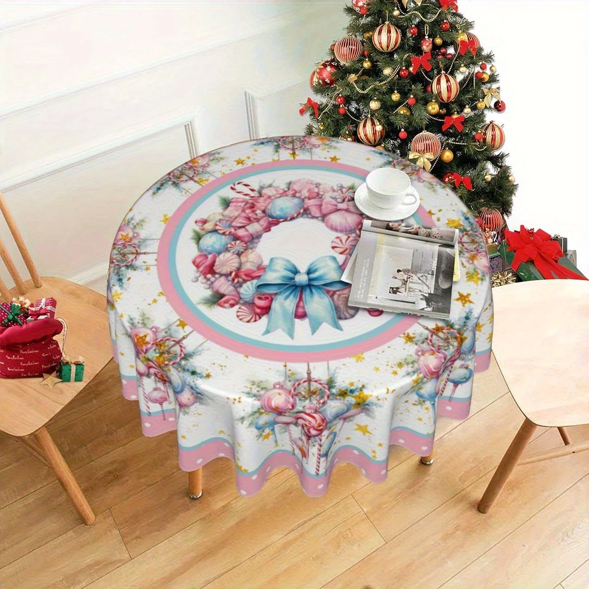 1pc Christmas Tablecloth Elegant Floral Dining Decor with Pink, Blue, Green Golden White, Red Durable Polyester Fabric