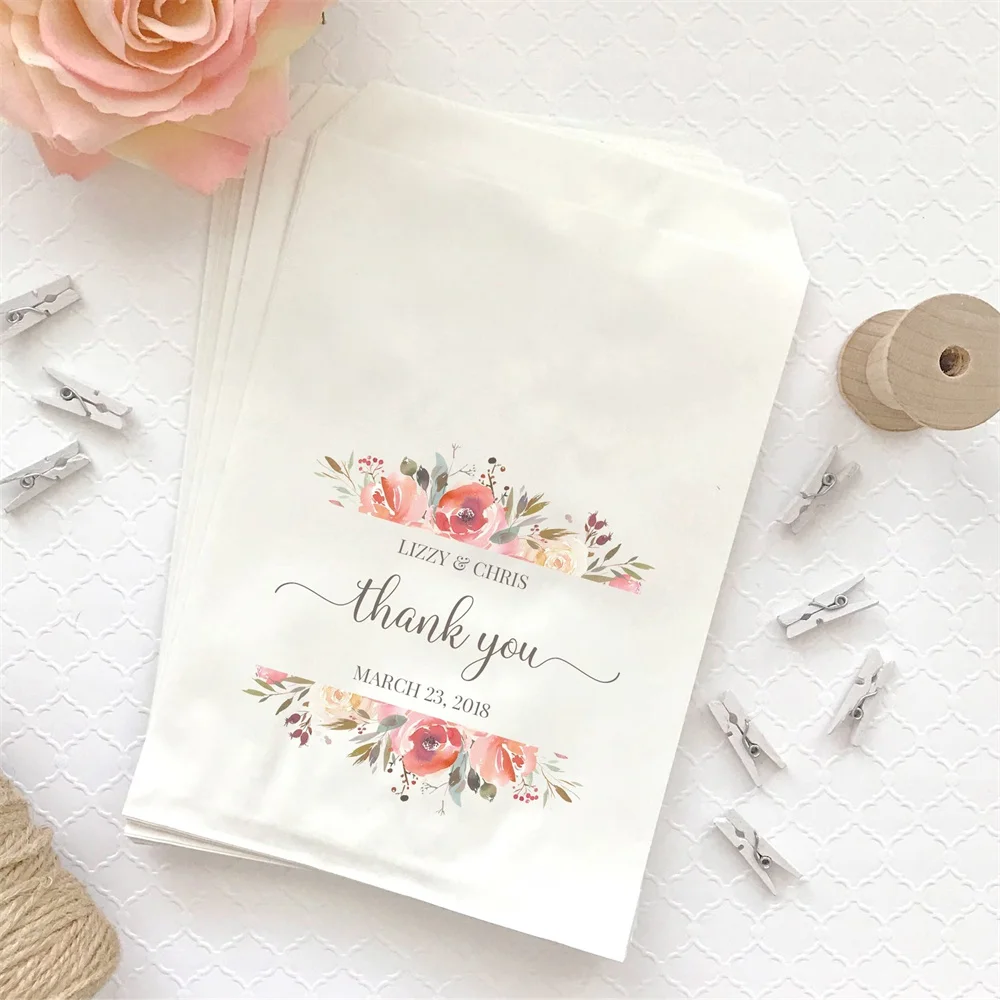 

50PCS Thank you candy bags - Thank you paper bag - Thank you treat bags - Floral candy bags - Thank you wedding bags