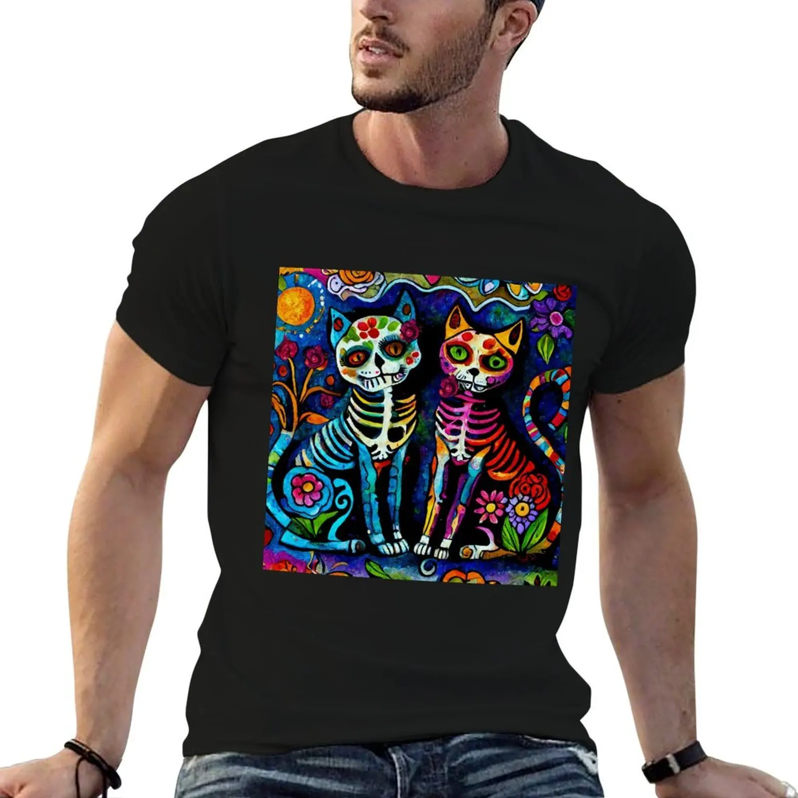 

Friendly Day of the Dead Cats with Whimsical Flowers T-Shirt g man t shirts for men man t shirts for men T-Shirt