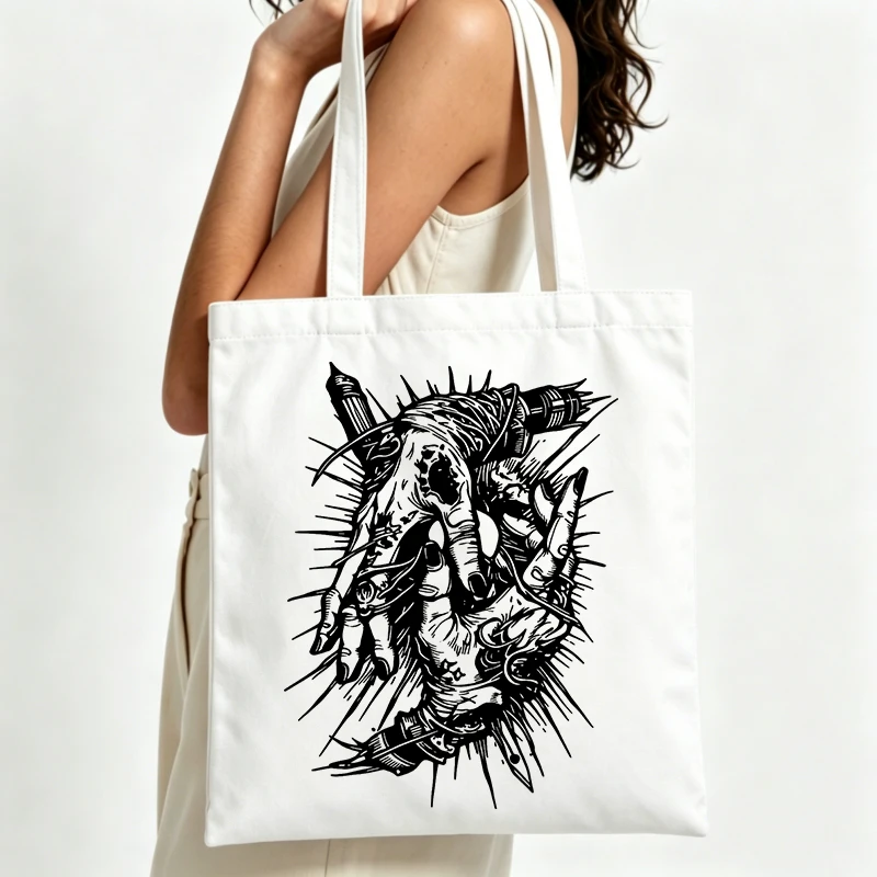 abstract hand graphic canvas tote bag, streetwear style for daily shopping and casual outings