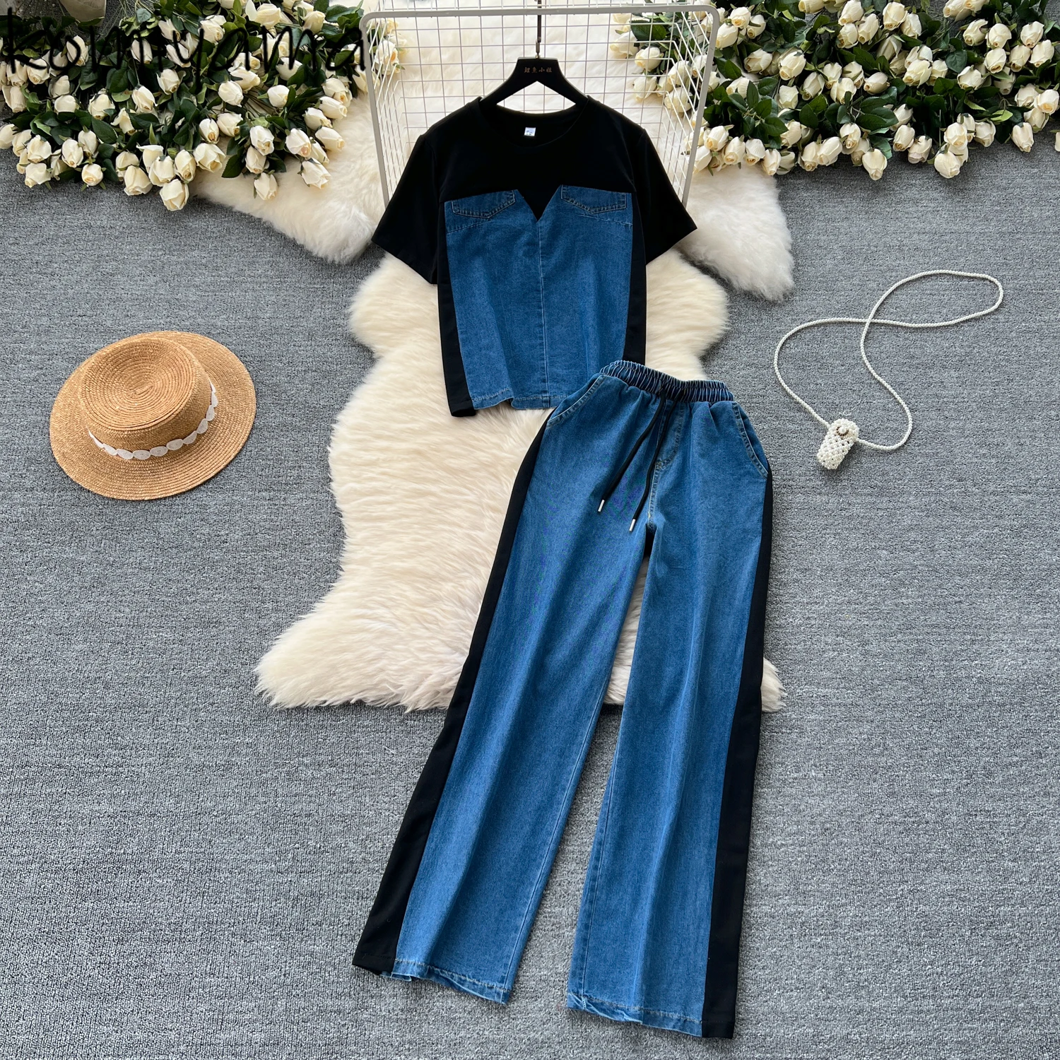 

Denim Spliced 2 Piece Sets Woman Round Neck Short Sleeve T Shirt High Waist Casual Straight Wide Leg Pants Spring Summer Suit