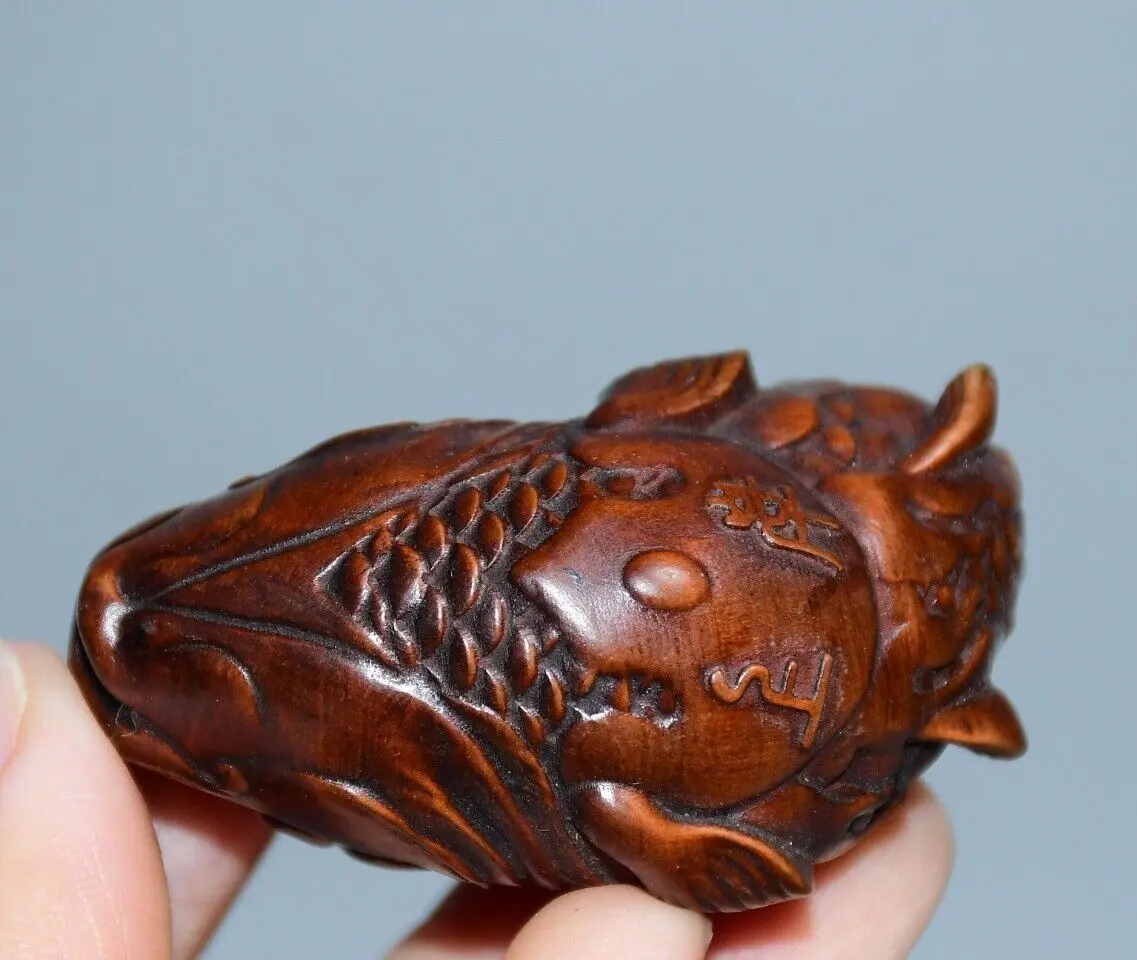 China Vintage Boxwood Carved Carp Statue Fish Wooden Figurines Lovely Woodwork