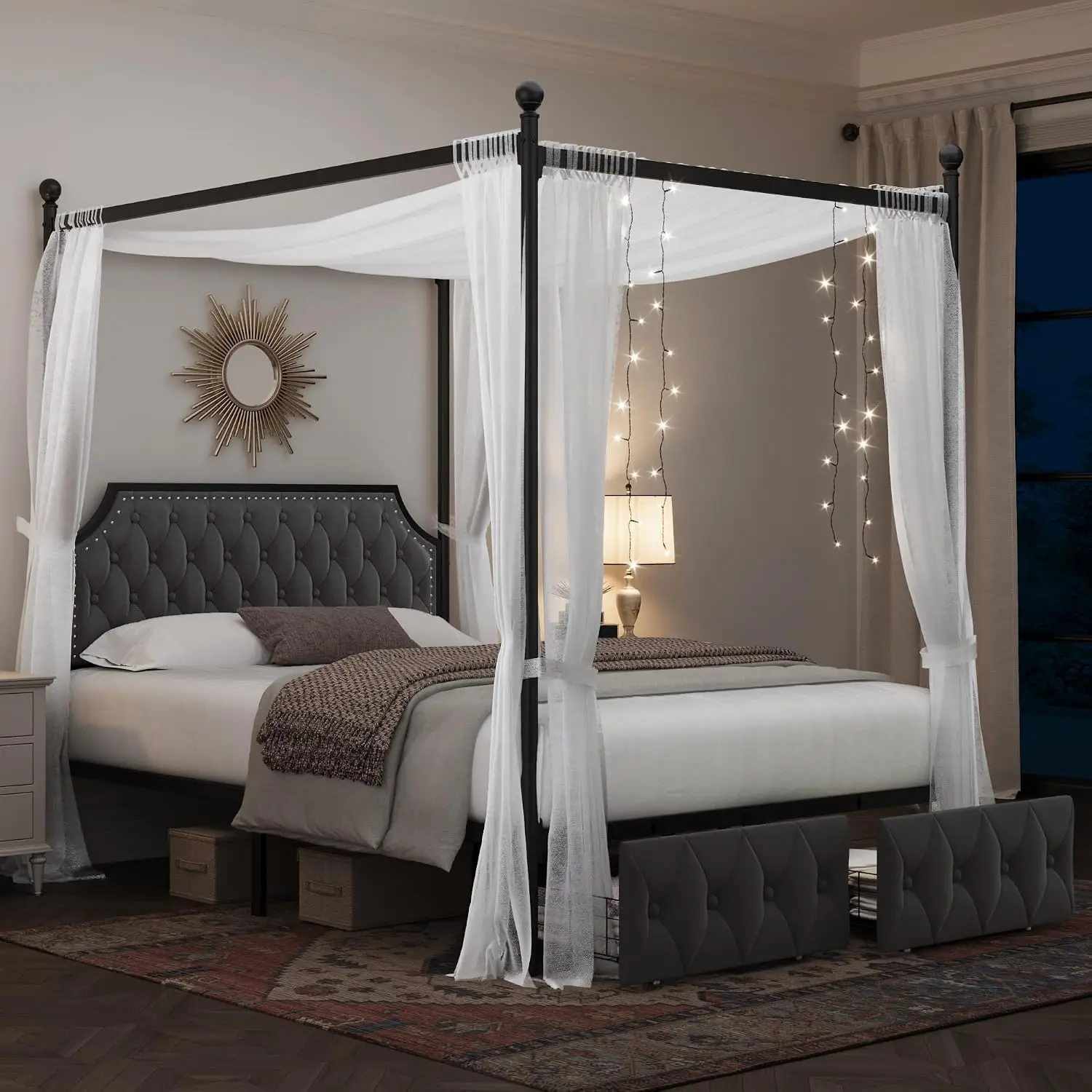 Queen Canopy Bed Frame with Storage Drawers & Tufted Headboard, Metal Platform 4 Posts, Velvet Bed, Dark Grey, Customized