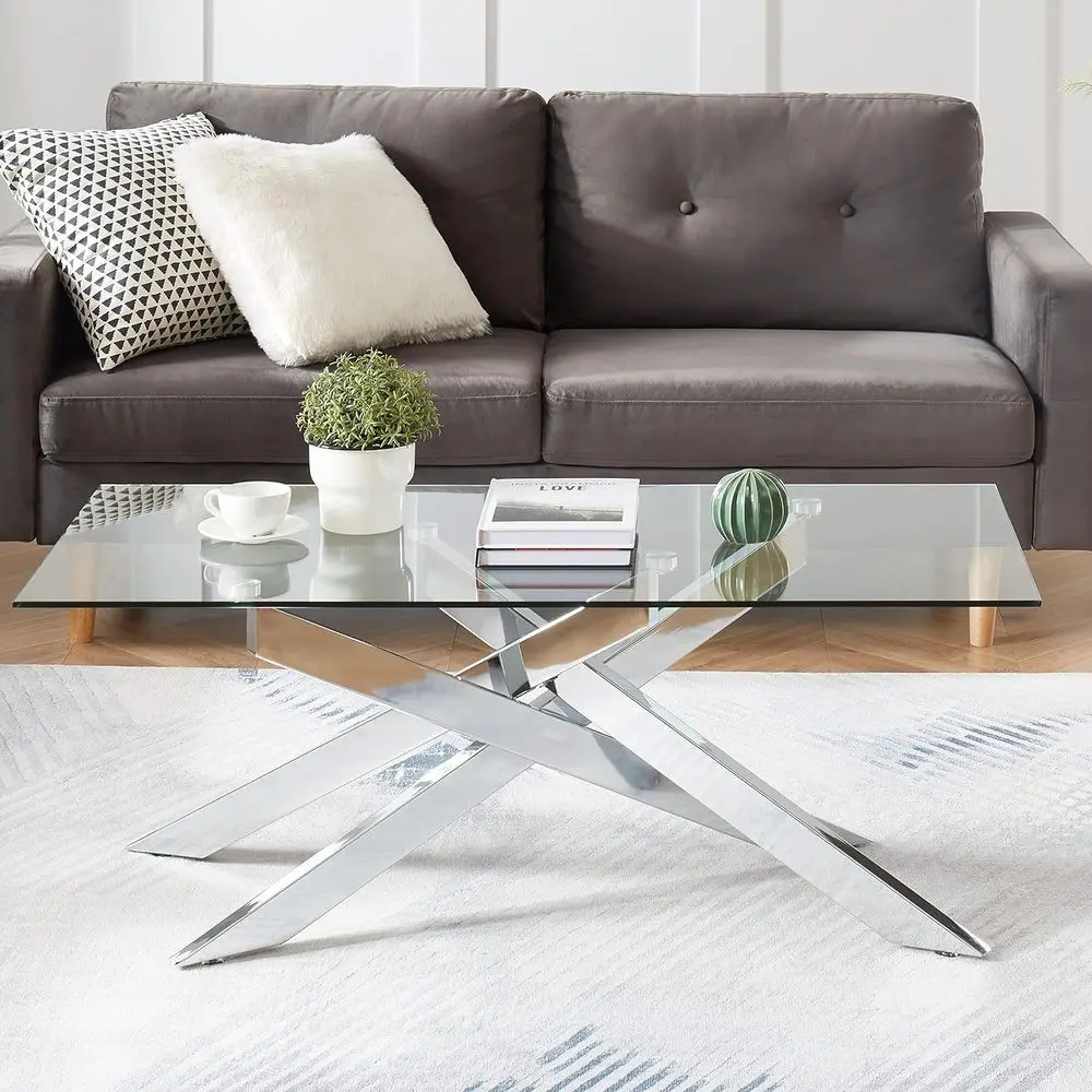 Modern Rectangular Coffee Table with Tempered Glass, Metal Legs, 47.3 x 23.6 x 18.1, Silver Finish