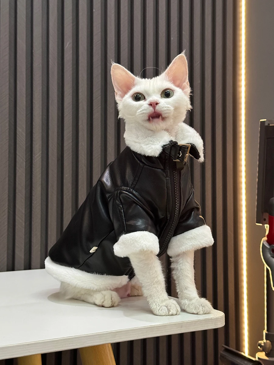 

Waterproof Leather Jacket with Fur Collar for Sphynx Cat Winter Thick Fashion for Devon Rex Warm lamb wool Coat for Kittens