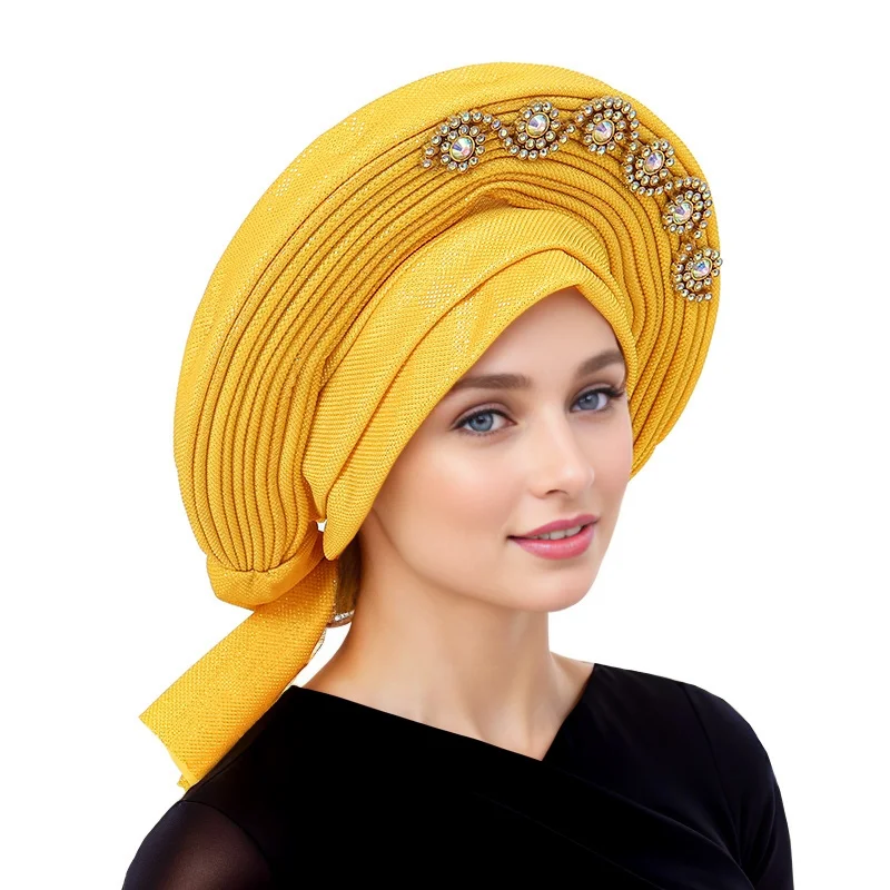 Arfica Women Diamonds Turbans Laminated Light Panel Geles Turban Muslim Headwear Sparkling Shining Nigerian Wedding Headband