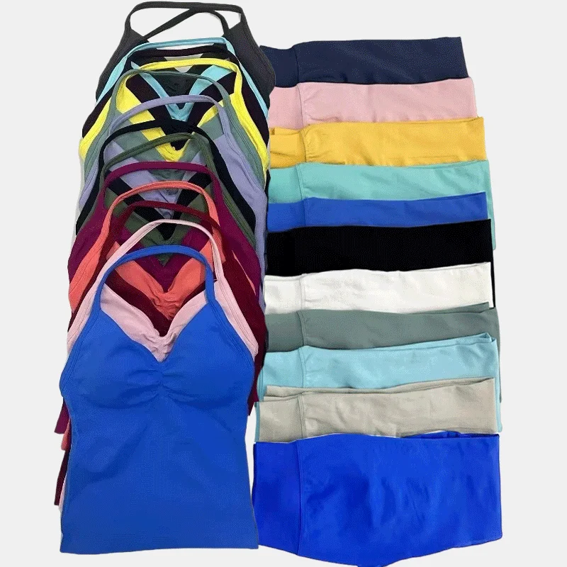 

2Pcs Yoga Set Leggings&Longline Strappy Vest Against Resistance Workout Fitness Same Color Women Seamless Pants Vest Sport Set