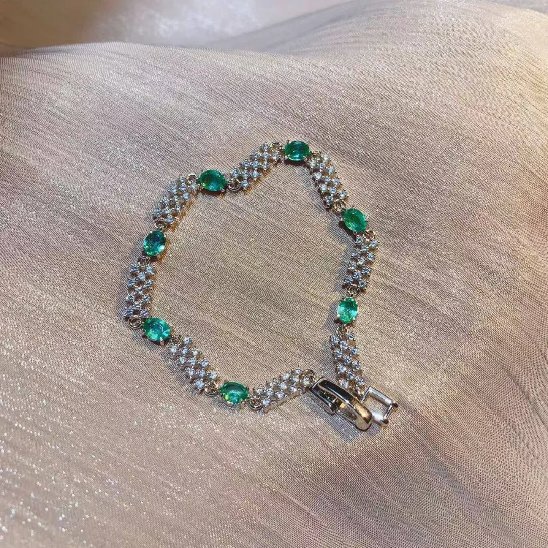 Retro Natural Emerald Bracelet 4*5mm S925 Sterling Silver Inlay Green Gem Minimalist Daily Wear Jewelry for Women