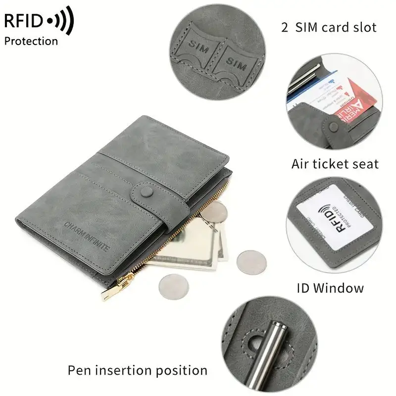 RFID Blocking Passport Bag, PU Solid Color, Zipper Buckle Wallet, Ticket Card Holder, Multi-functional Travel Passport Holder