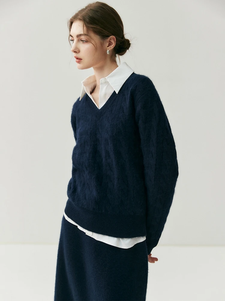 ADDONEE Maglione pullover in maglia a trecce con scollo a V da donna Autunno Inverno Maglieria in cashmere 100% stile preppy Maglione in cashmere spesso