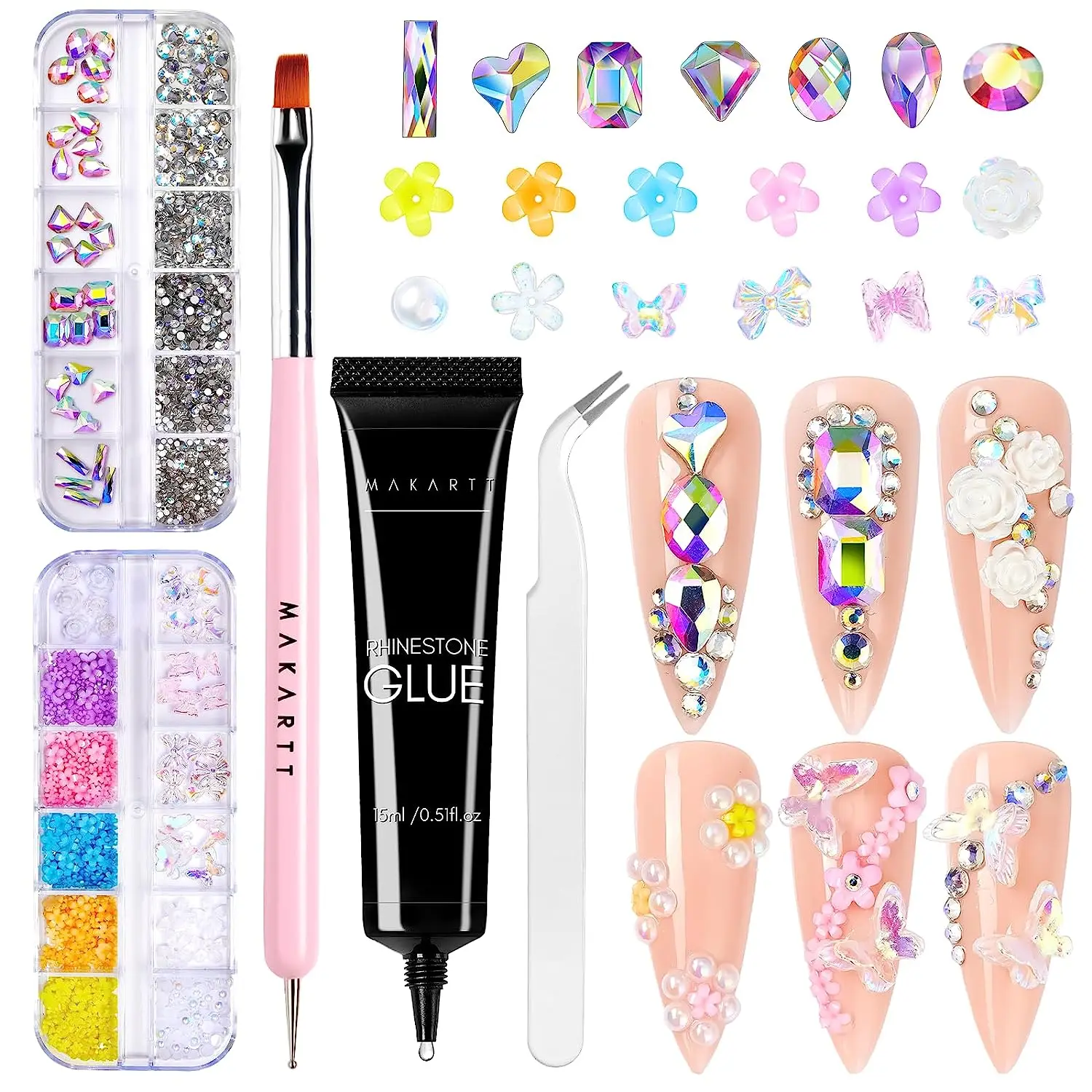 

Makartt Nail Rhinestone Glue Kit,15ml Gel Nail Glue with AB Rhinestone Crystals 3D Nail Art Valentine's Day Decor Flowers Pearls