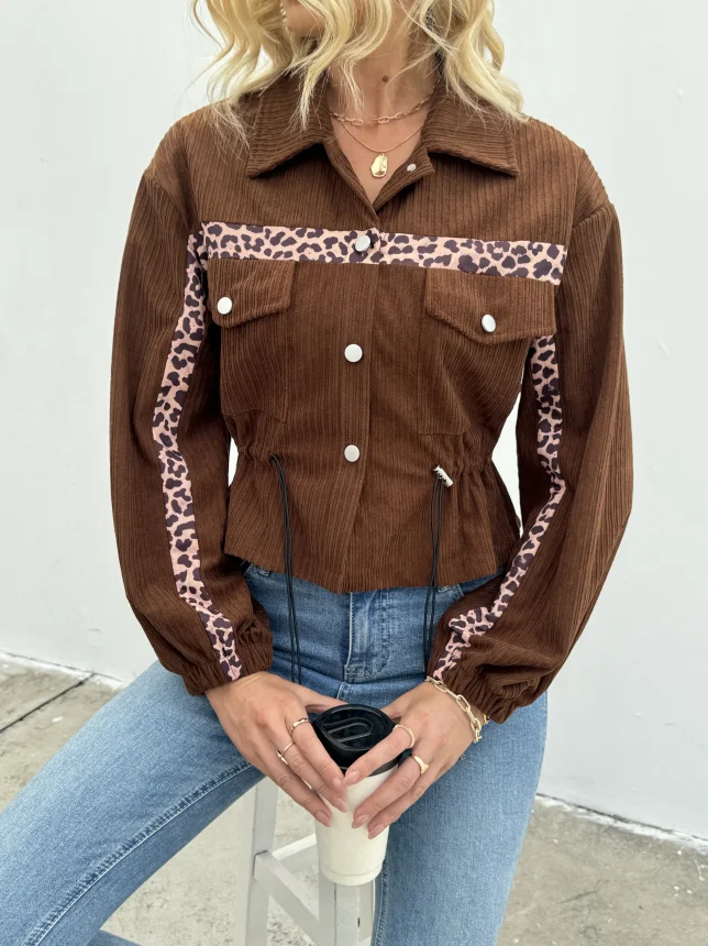 

Women's casual leopard print jacket - polyester machine washable drawstring detail non-stretchable fabric suitable for sprin