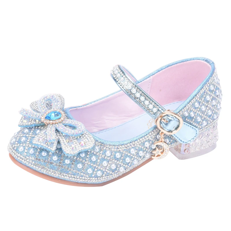 Spring Girls\' High Heels Silver Rhinestone Pearl Princess Shoes Children\'s Leather Shoes Kids Crystal Performance Shoes