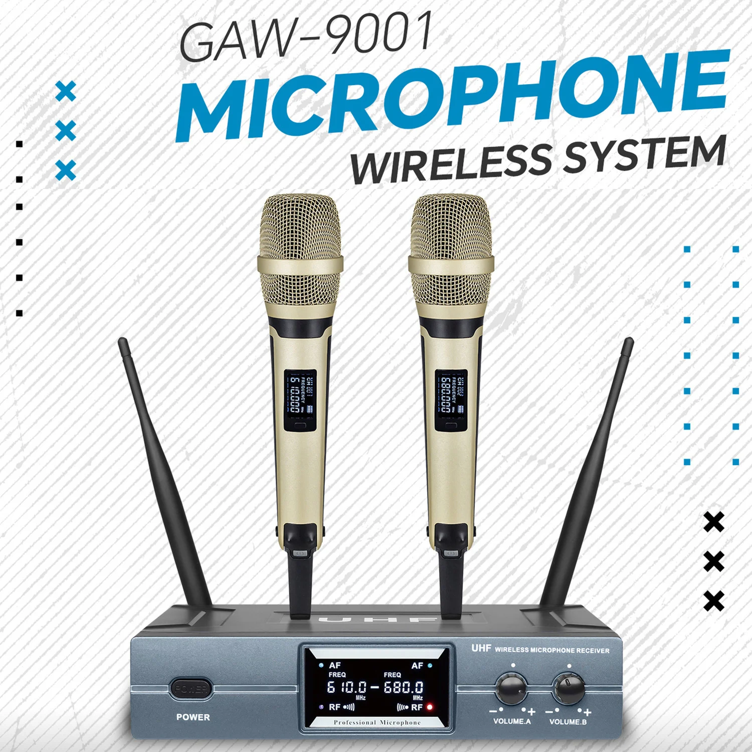 

GAW-9001 Wireless Microphone U-Band One-to-Two Handheld Cardioid Dynamic Microphone for Teaching, Live Broadcast，Conference
