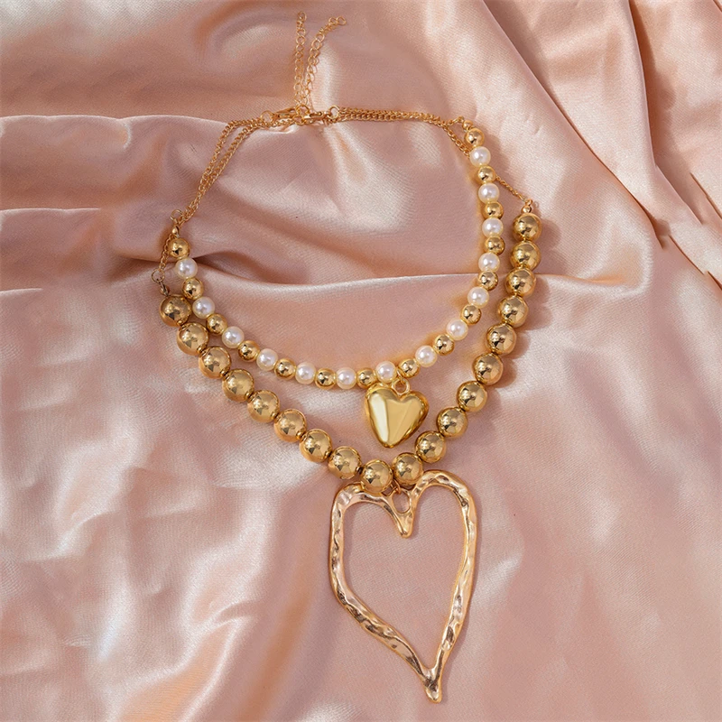 Übertriebene Halskette mit großem, hohlem Herzanhänger für Damen, Punk-CCB-Kugelperlen-Halskette, Mädchen-Party-Festival-Schmuck, Geschenke – Detail 5