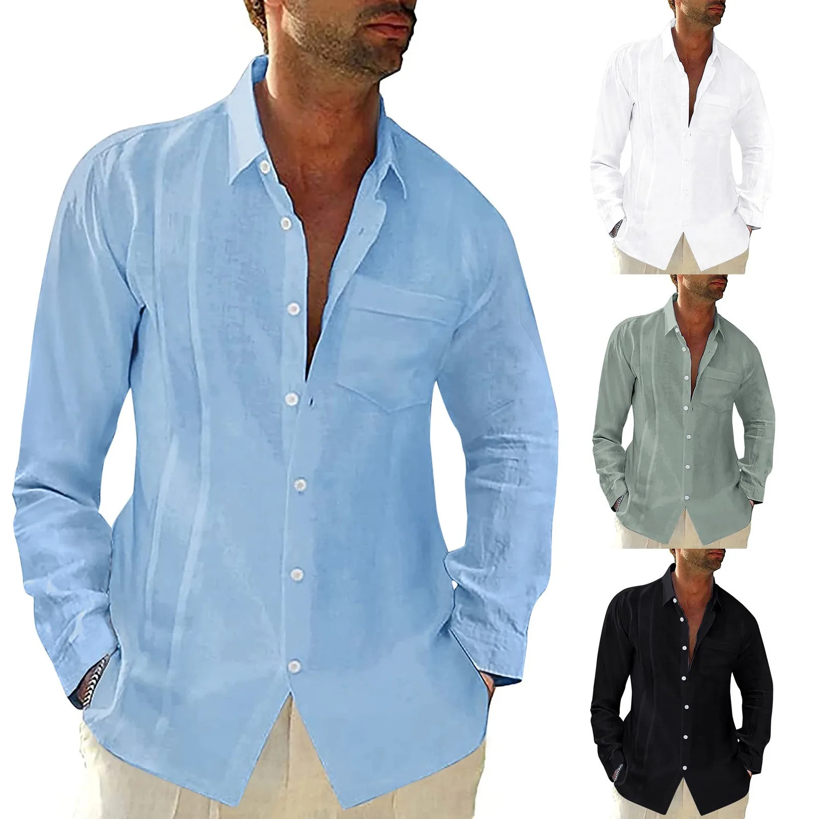 Cotton Linen Hot Sale Men\'s Long-Sleeved Shirts Summer Solid Color Stand-Up Collar Casual Beach Style Plus Size Men Linen Shirt