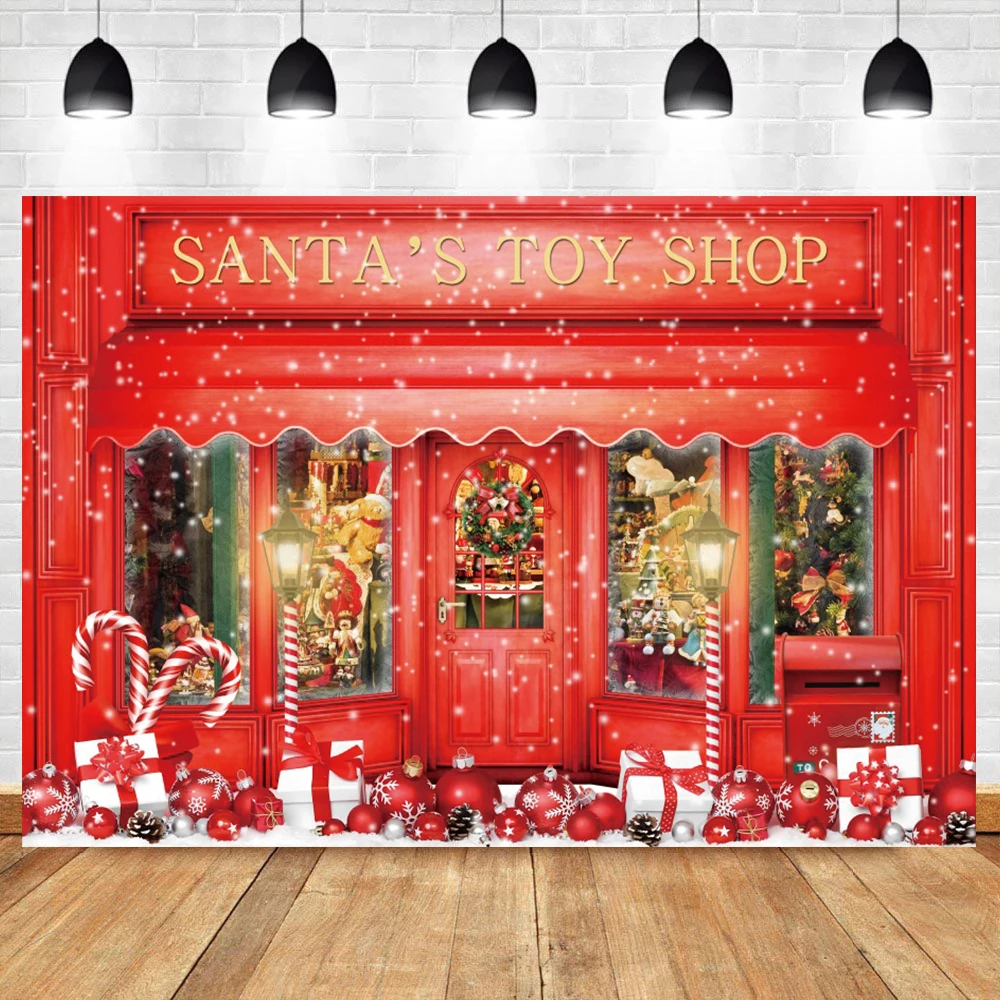 Christmas Backdrop Red Christmas Photo Backdrop Santa's Toy Shop Candy Cane Snow World Red Photography Background Studio Props