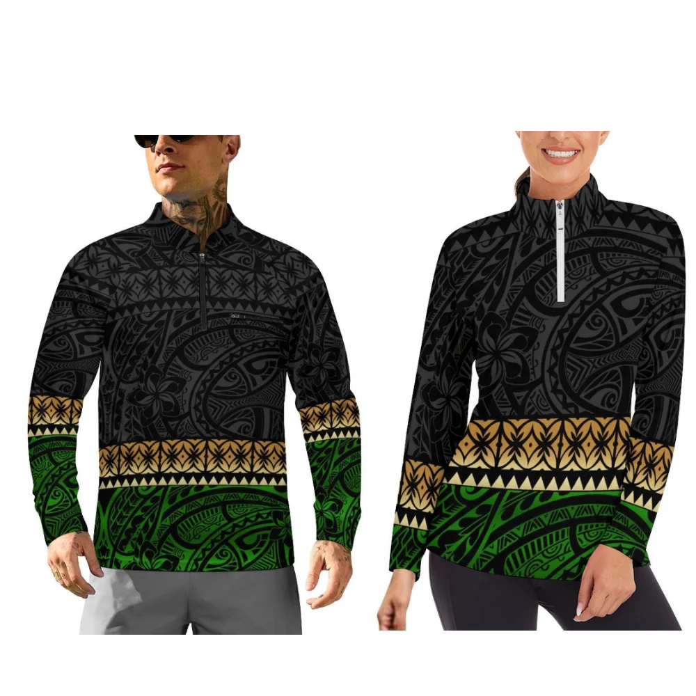 Polynesian Floral Print Couple'S Long-Sleeved Sportswear With Zipper Opening Design And Customizable Patterns