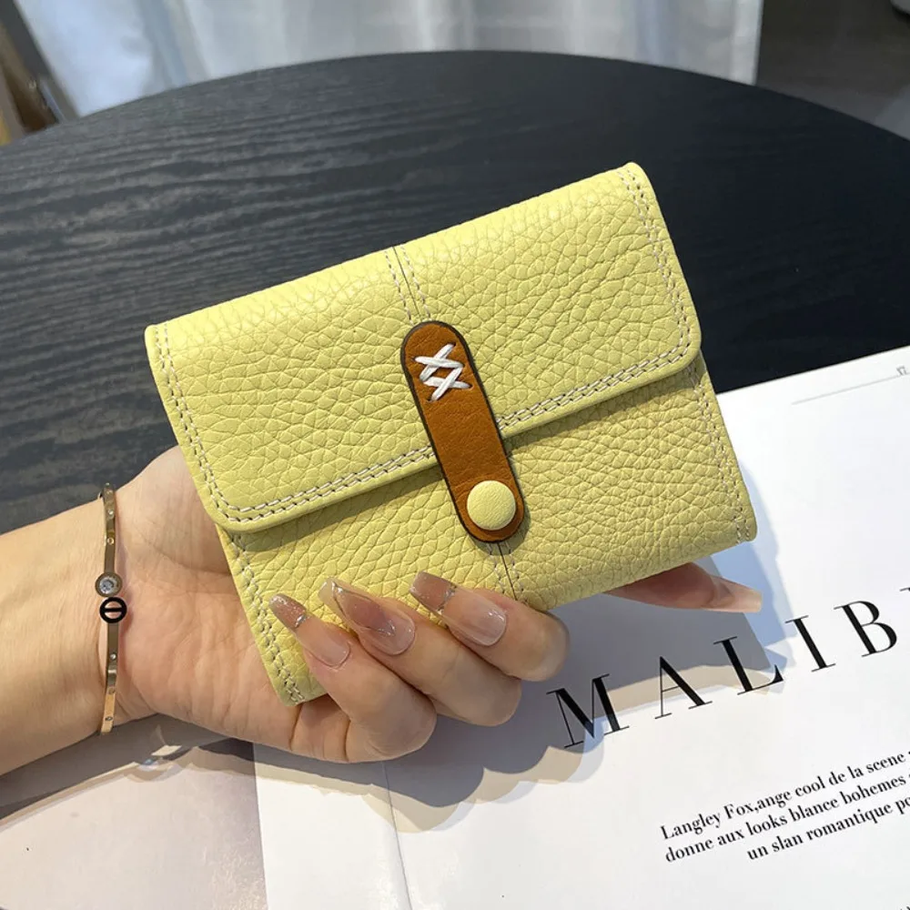 Real leather women's short purse with multiple card slots, large capacity, three-fold design, lightweight and colorful handbag