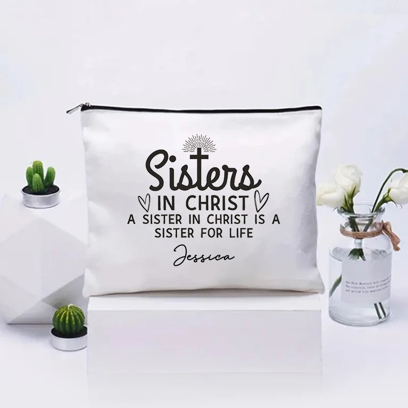 Personalized Sister in Christ Canvas Pouch Zipper Pencil Case Customized Name Cosmetic Bag Faithful Friendship Gifts for Women