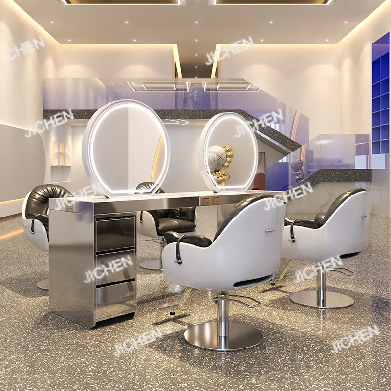 

HS Barber shop table -sided stainless steel barber shop mirror table for hair cutting Mirror Special perm and dyeing area Table
