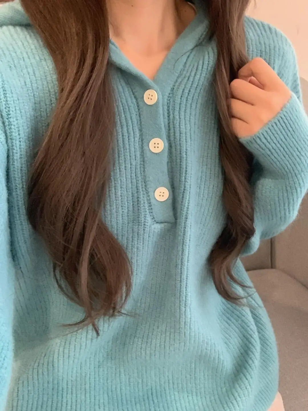 Blue Hooded Knitted Sweater Women's Base Layer Top Lazy Sle Autumn Winter New Arrival Korean Version High End Feeling