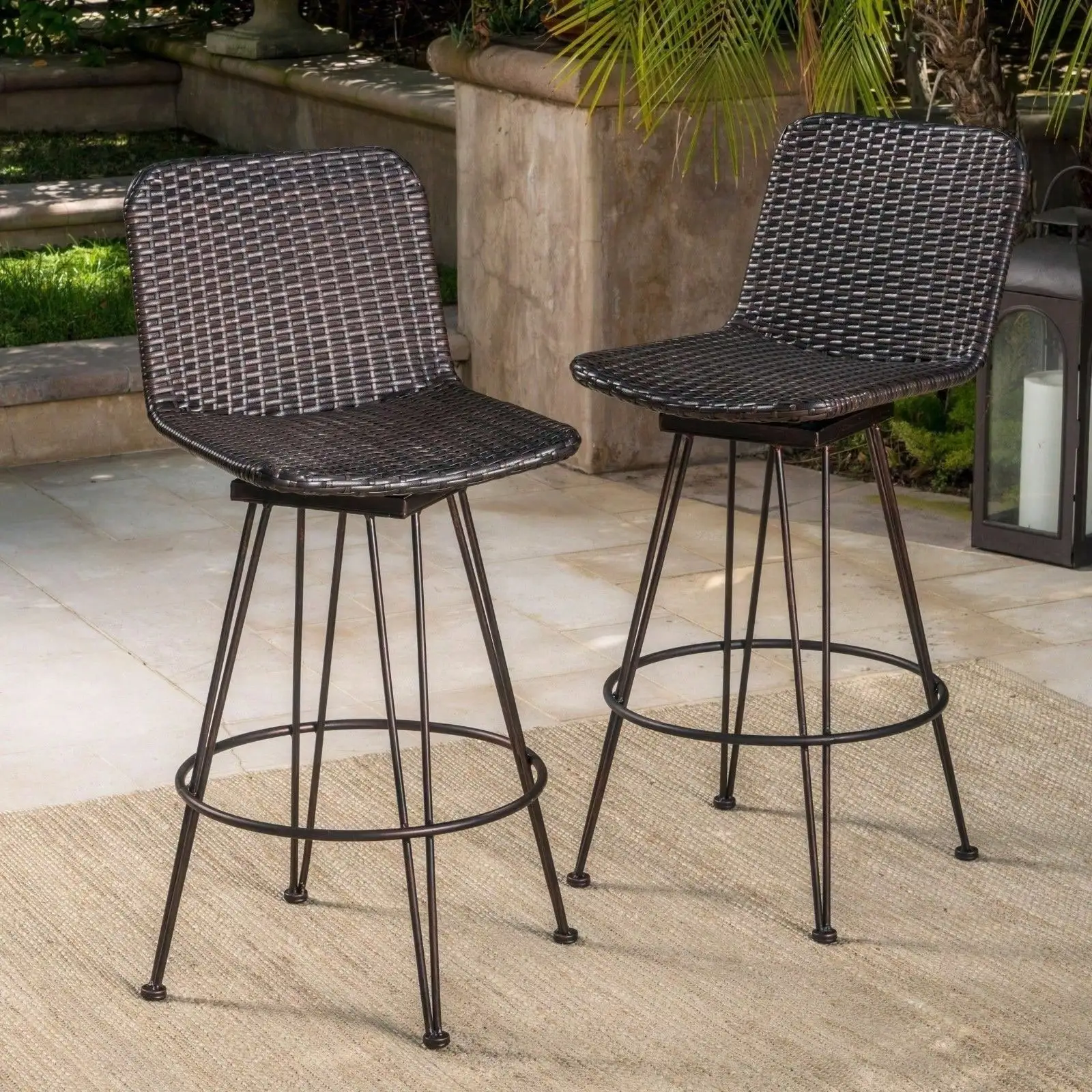 18-Inch Outdoor Wicker Barstools with Black Brush Copper Iron Frame