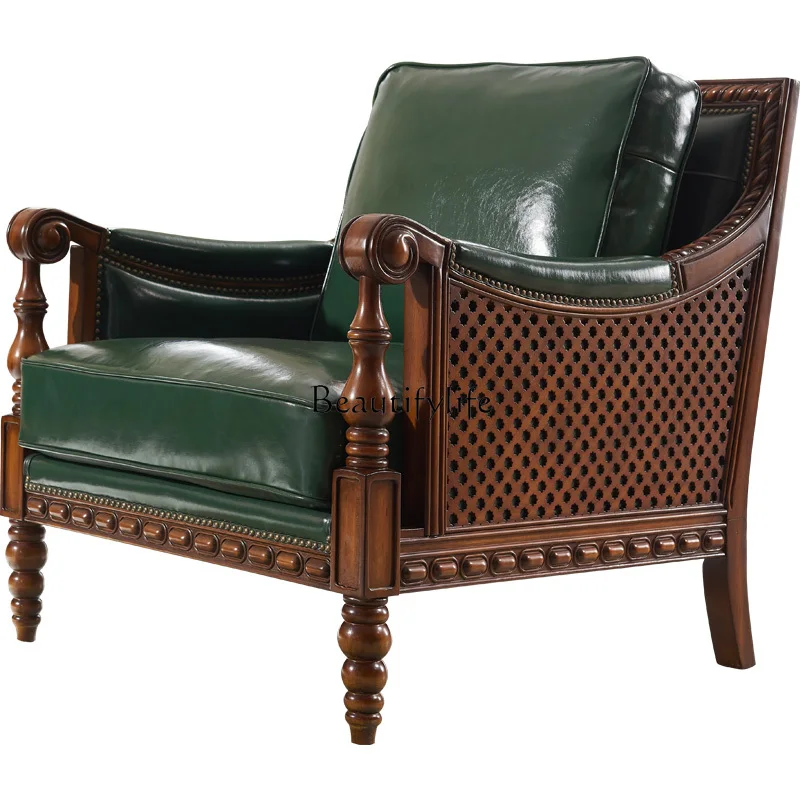 

FG44American Simple Pure Solid Wood Sofa Genuine Leather One Two Three-Seat Green Leather Sofa