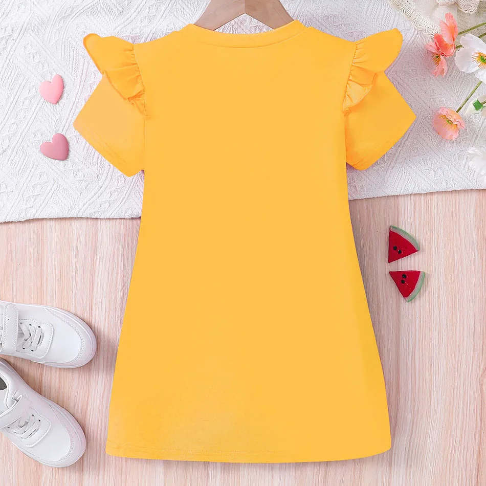 Cute and Comfortable Kids Love Bee Cartoon Print T Shirt Dress Children Round Neck Ruffles Casual Clothes Girls School Dress