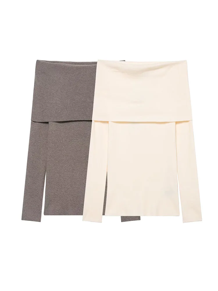 HH Women's 2025 Winter Fashion Solid Knitted Tube Top Pleated Top Female Simple Off-Shoulder Slim Fit 2-Color Long-Sleeved Top