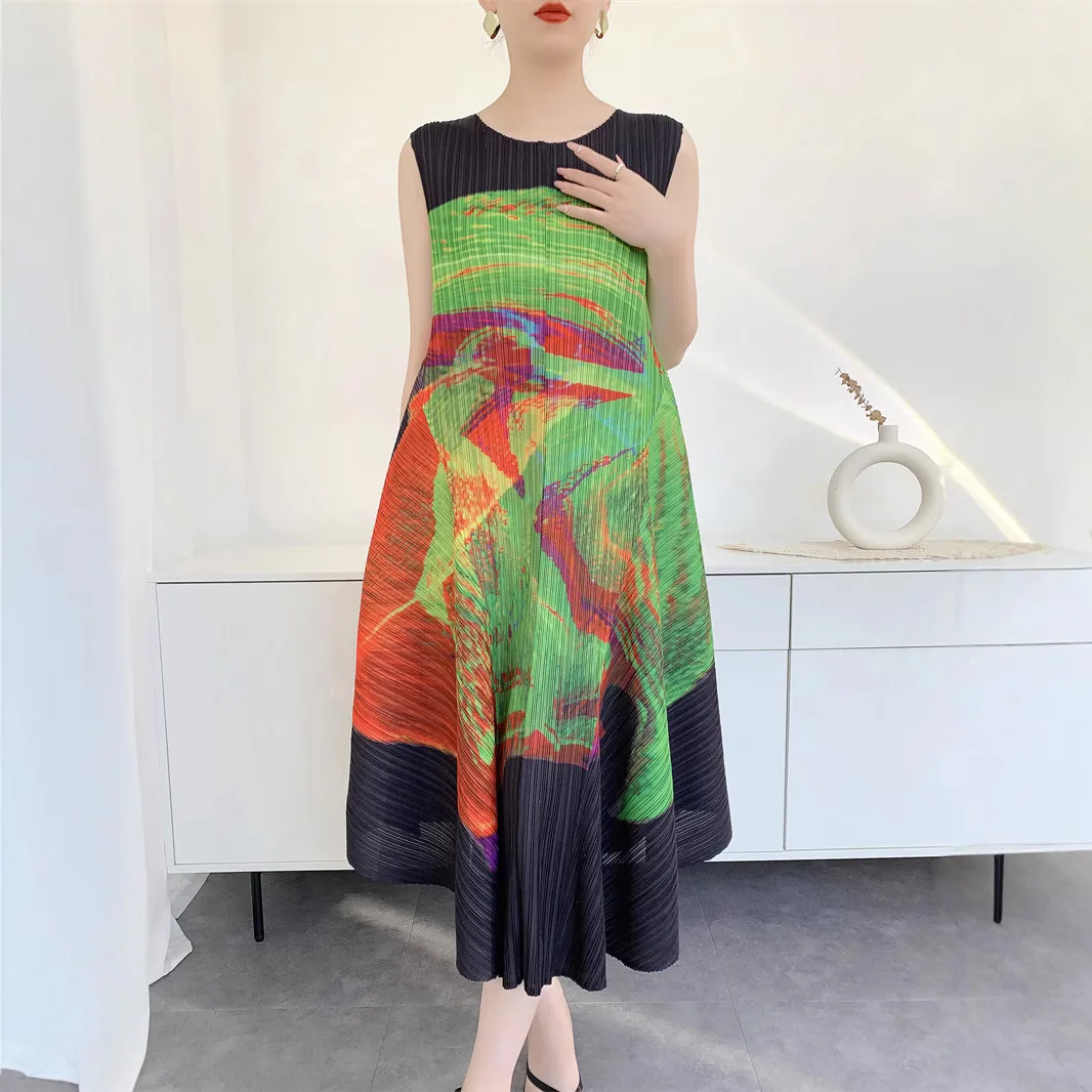 

YUDX Pleated Women's Dresses 2025 Summer New Miyake Loose Plus Size Dress Fashion Printed Irregular Sleeveless Tank Dresses