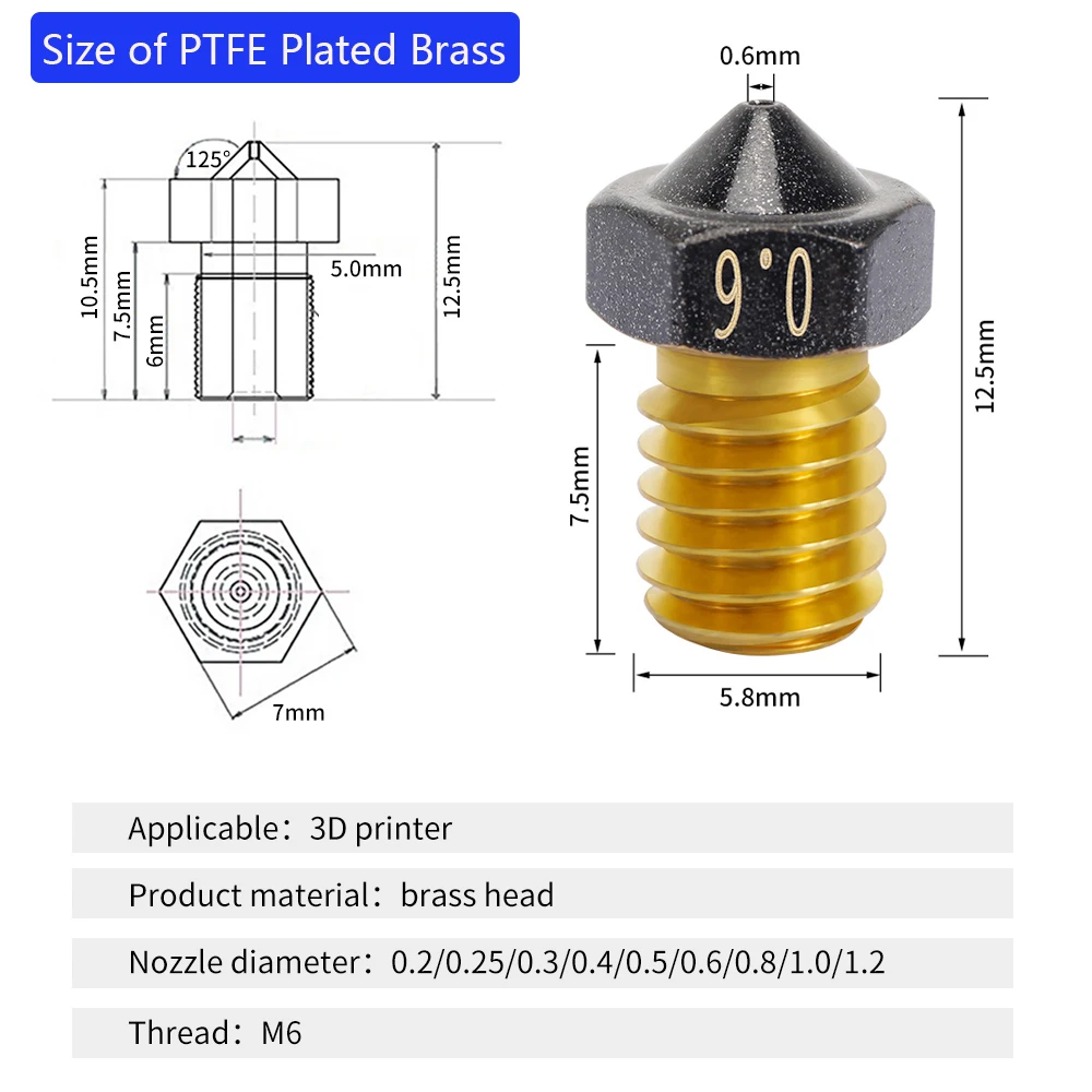 2pcs All Metal V6 Nozzle M6 Thread Brass Hard Steel Titanium PTFE Plated Nozzles E3D V5 For 1.75mm Filament 3D Printer Parts