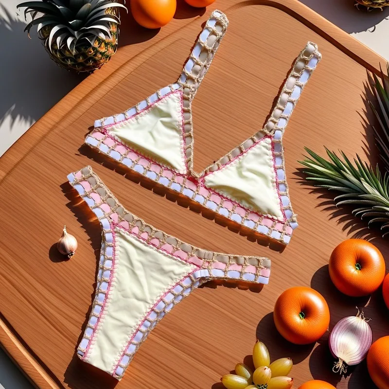 2026 new arrival women handmade crochet solid color bikini set with colorful elastic band stretchy swimwear beach outfit for sum