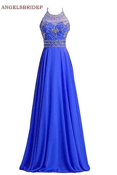 

ANGELSBRIDEP High Neck Long Evening Party Gowns Vestidos De Festa Formal Beading Floor-Length Chiffon Bridesmaid Dress